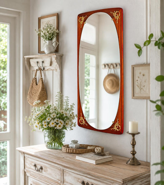 Danish Teak Mirror, Mid Century Hallway Wall Mirror, 1960s Scandinavian Entryway Decor, Teakwood Rectangular Frame, Vintage MCM Hall Piece