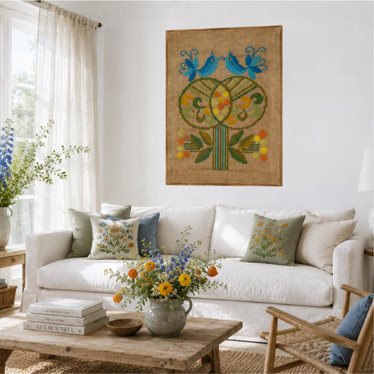 Scandinavian Bird Needlepoint Wall Art – Swedish Folk Textile – Handmade Nordic Embroidery – Cottagecore Decor