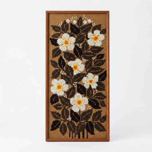 Large Vintage Floral Needlepoint Wall Art, Hand Embroidered Wool Tapestry on Canvas, White Flowers, Teak Framed Scandinavian Textile Art