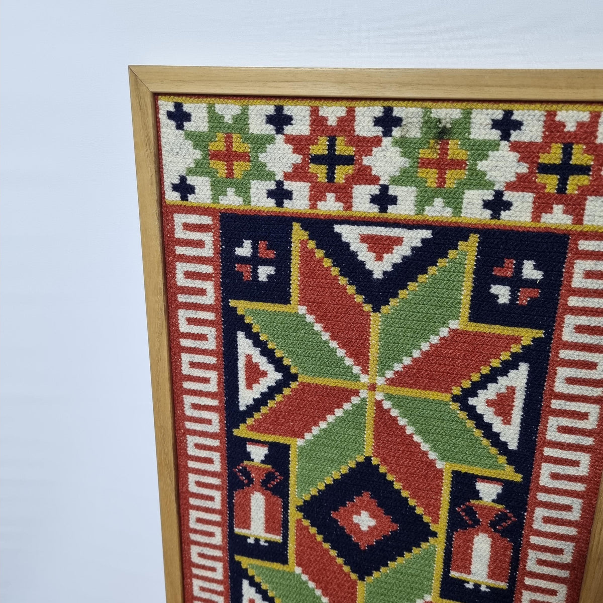 Swedish Folk Art Woven Wool Wall Hanging, Geometric Scandinavian Textile Art, Teak Frame