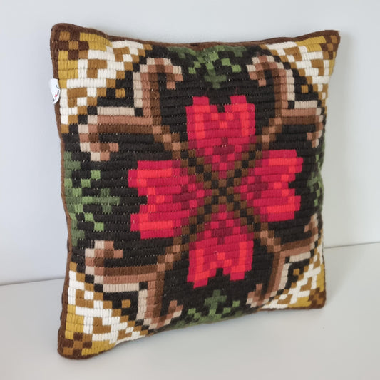 Vintage Scandinavian Needlepoint Pillow – 1970s Swedish Wool Embroidery Cushion, Retro Folk Floral Textile, Nordic Home Decor