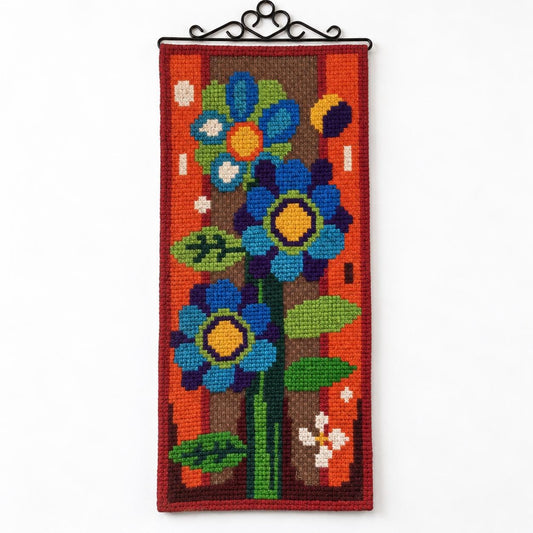 Vintage Scandinavian Wall Art | 1970s Floral Needlepoint Wall Hanging, Swedish Retro Textile Art, Blue Orange Flowers