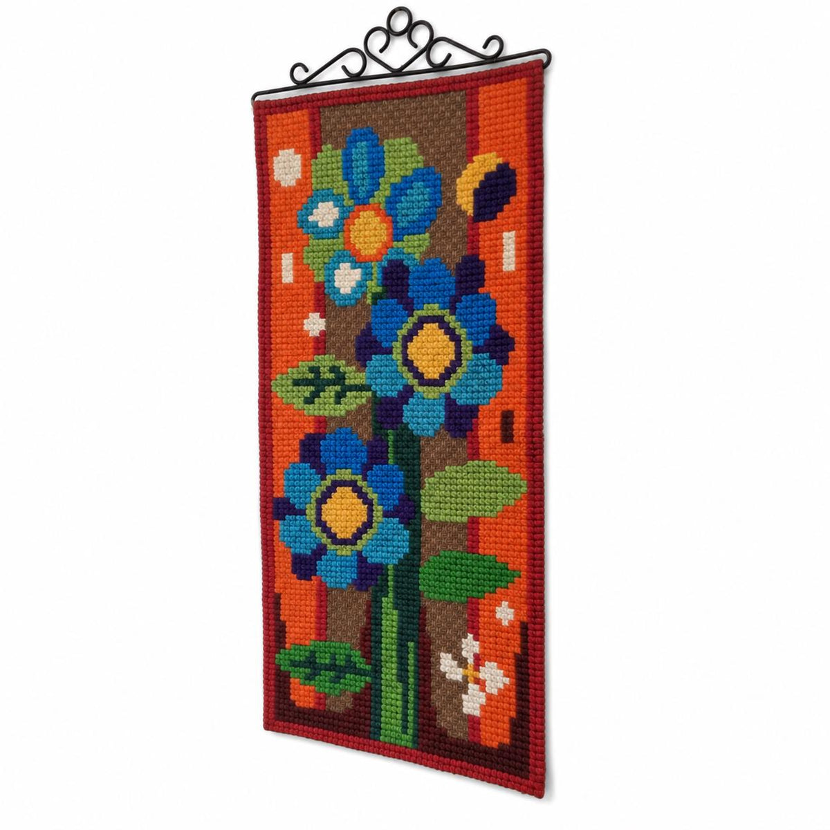 Vintage Scandinavian Wall Art | 1970s Floral Needlepoint Wall Hanging, Swedish Retro Textile Art, Blue Orange Flowers