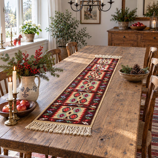 Vintage Handwoven Kilim Table Runner – Geometric Folk Art Textile – Rustic Woven Runner 82 × 30 cm