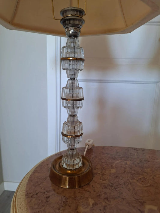 Signed Carl Fagerlund Table Lamp Pair – Orrefors Crystal & Brass, Original Shades, Swedish Mid-Century (1960s) authentic vintage timeless charm
