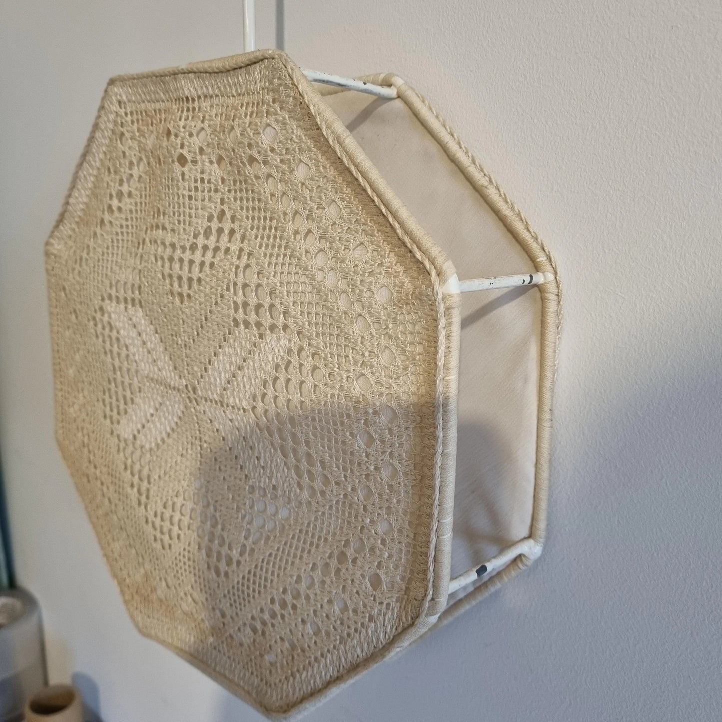 Vintage Swedish Crochet Pendant Lamps – Boho Lace Ceiling Lights, Set of 2 with authentic vintage timeless charm in cream tone