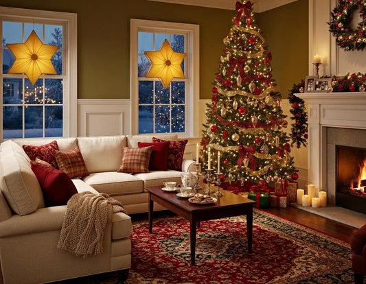 Cozy living room with Vintage Scandinavian Holiday Decor ,Golden Star Christmas Lamps – 1950s -Extra rare showcasing timeless charm.