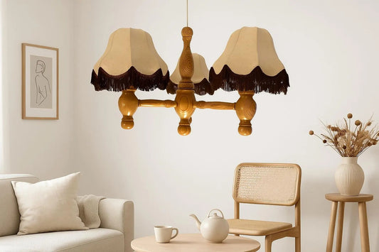 Vintage Scandinavian Pine Chandelier – Retro Wooden Ceiling Light with Fabric Shades, authentic vintage, timeless charm, mid-century modern.