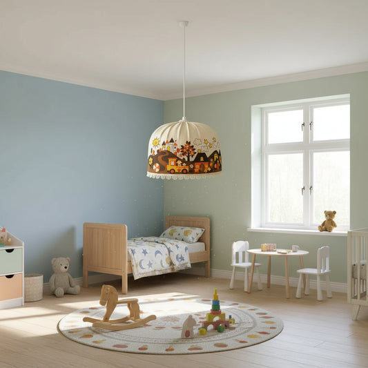 Vintage IKEA Children’s Lampshade – Castle & Train Print, Scandinavian Nursery Design with timeless charm in a cozy children's room.
