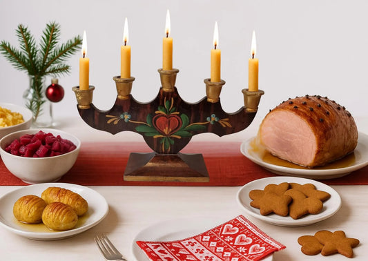 Hand-painted Swedish allmoge folk art wooden candelabra