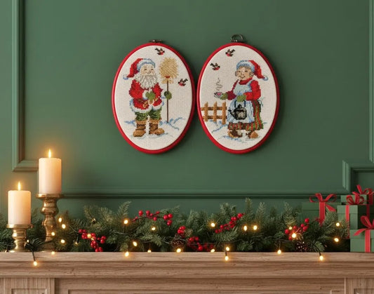 Hand-embroidered Santa & Mrs. Claus Christmas Decor - Vintage Cross Stitch Set, timeless charm, authentic vintage pieces