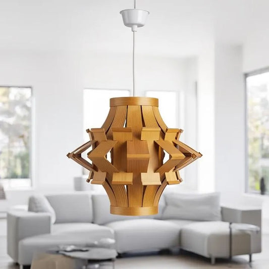 Vintage Scandinavian Wooden Ceiling Pendant Lamp – Hand-Carved Retro Pine Design hanging in modern living room interior