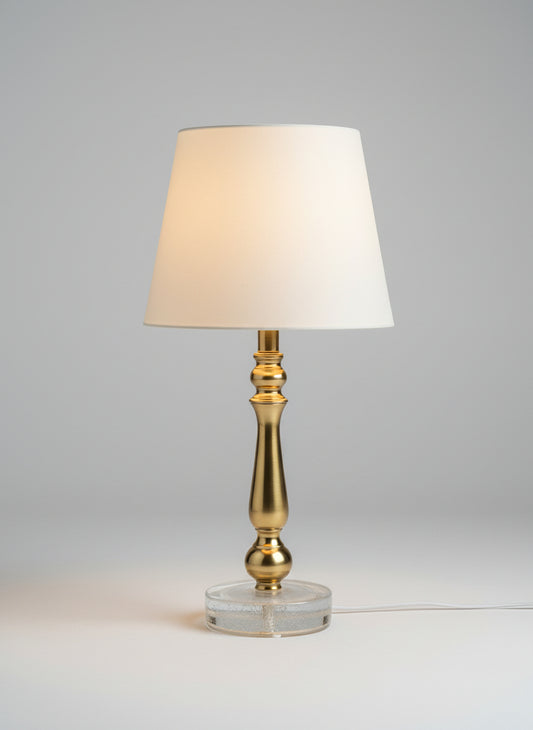 Elegant Mid-Century Brass & Glass Table Lamp – Falkenbergs Belysning, Swedish Modern Design with white shade and clear base