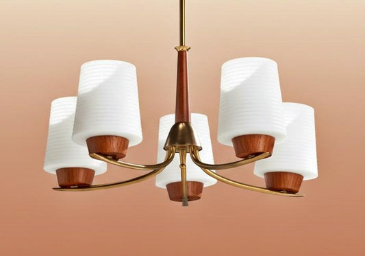 Vintage 1950s Swedish Chandelier – Mid-Century Modern Brass, Teak & Opaline Glass Pendant Light, authentic vintage charm