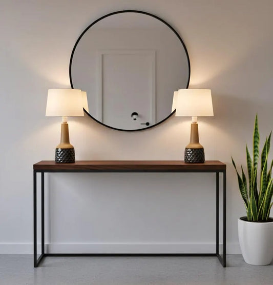 Vintage Søholm Ceramic Table Lamps – Einar Johansen Danish MCM Pottery, Pair on wood and metal console with round mirror and plant