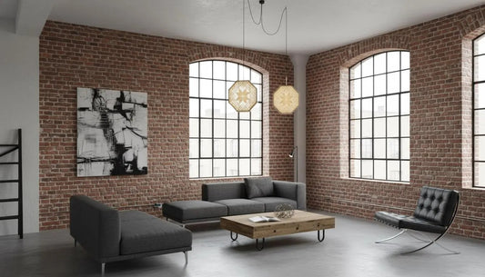 Vintage Swedish Crochet Pendant Lamps – Boho Lace Ceiling Lights, Set of 2 hanging in a stylish loft with exposed brick walls and modern furniture.