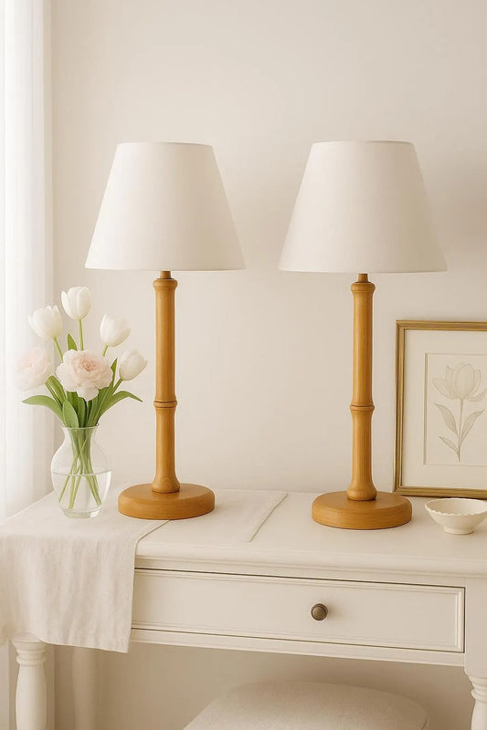 Vintage Mid-Century Modern Pine Table Lamps – Scandinavian Design, Pair with timeless charm in a serene neutral setting
