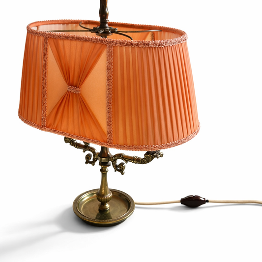 Brass Candelabra Table Lamp – Two Arm Bouillotte Style, Orange Pleated Shade, 1930s–1940s