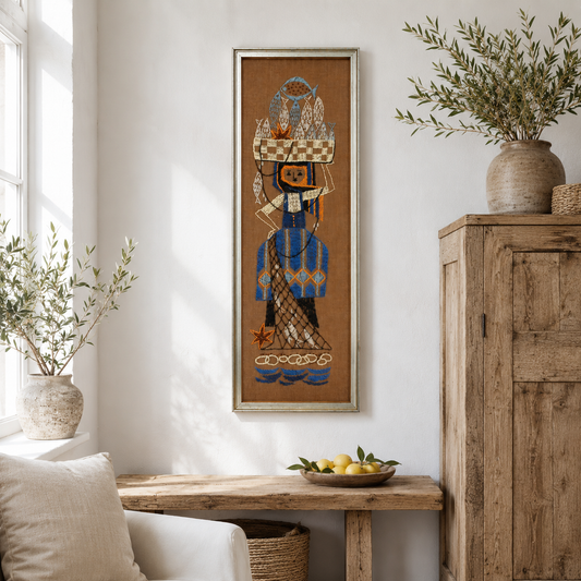 Vintage Scandinavian Embroidered Fisherwoman Textile Wall Art – Framed, Sweden