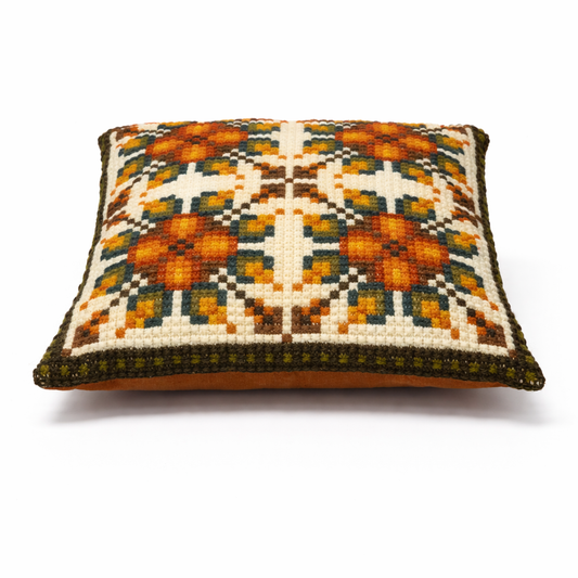 1970s Vintage Needlepoint Cushion – Geometric Orange Floral Pattern