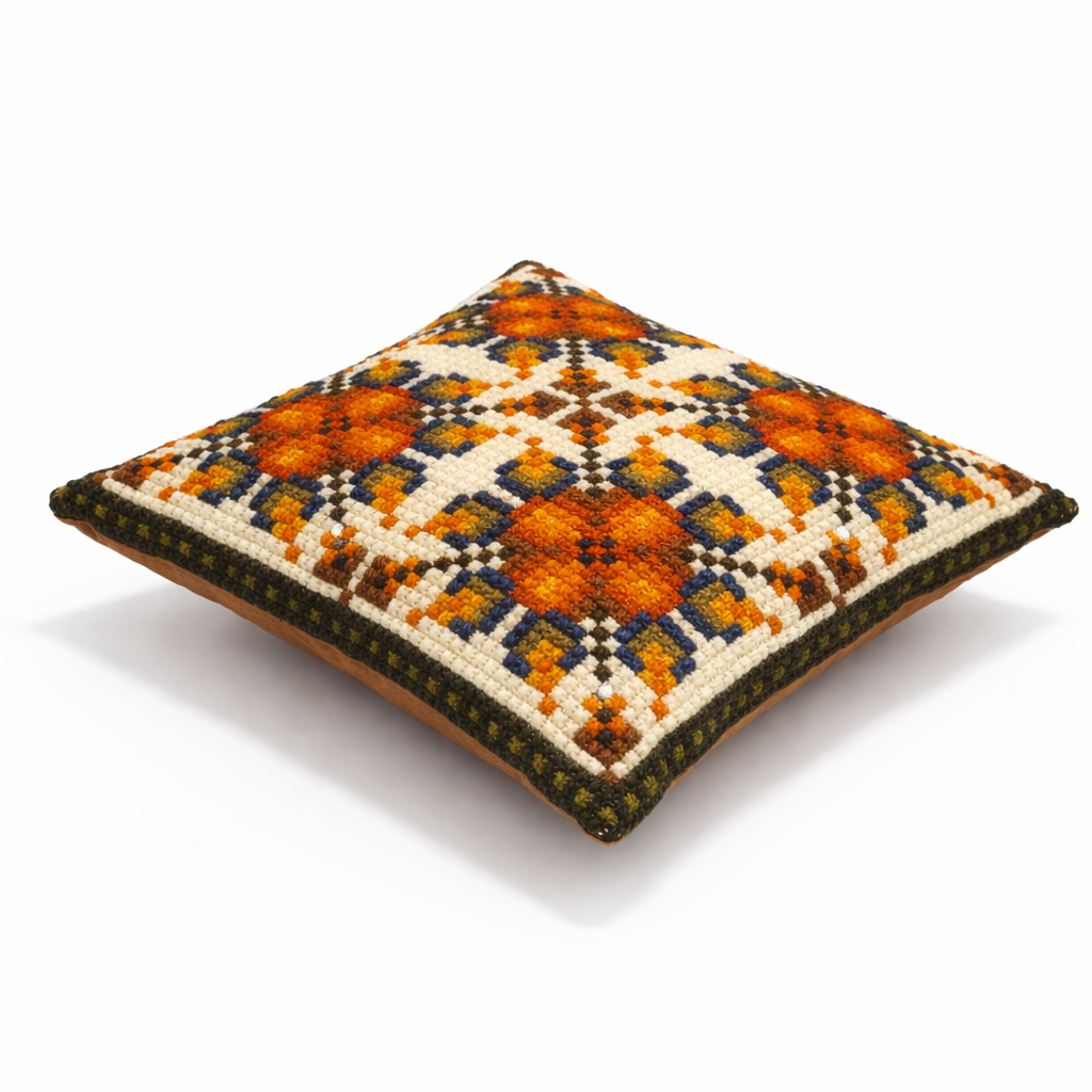 1970s Vintage Needlepoint Cushion – Geometric Orange Floral Pattern