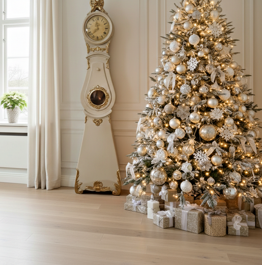 Vintage Swedish Mora Clock in Gustavian Style – Working Chiming Clock beside a decorated Christmas tree, timeless charm, authentic vintage piece.