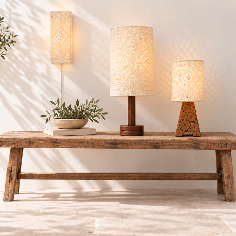 Vintage Scandinavian lamps on a rustic wooden bench
