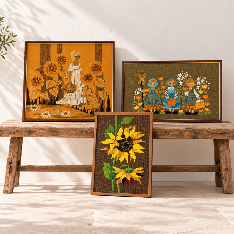 Vintage Scandinavian embroidered wall art and framed textile pictures from the 1960s and 70s