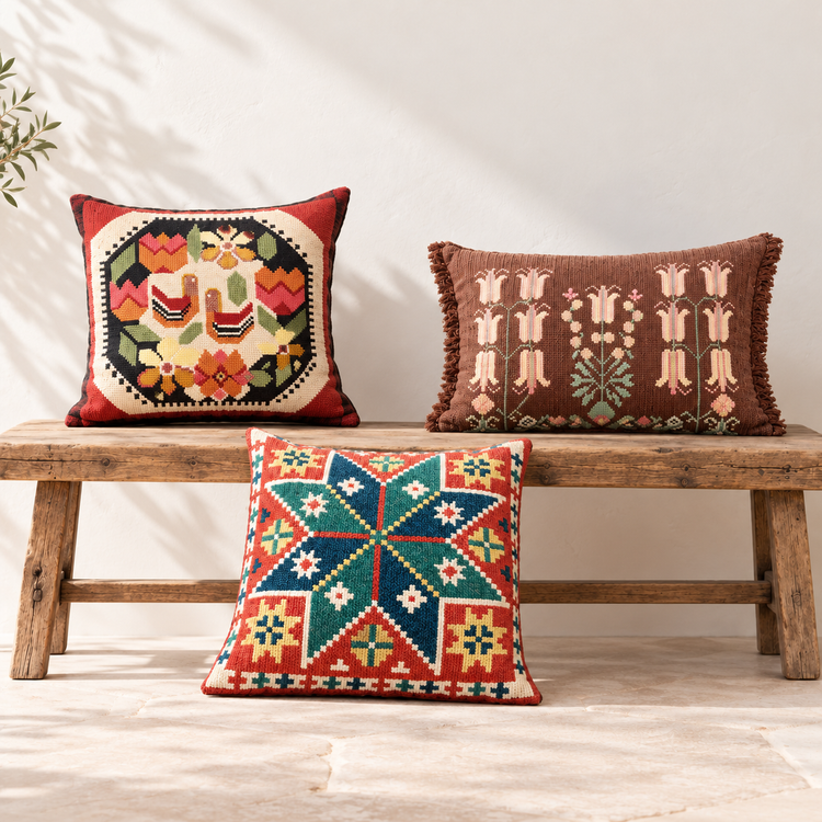 Vintage Swedish hand-embroidered folk art pillows on a rustic wooden bench