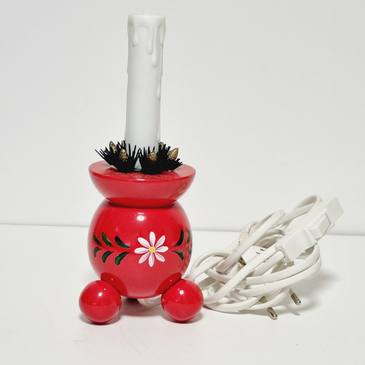 Swedish electric Christmas candle on red hand painted wooden base, photo 1