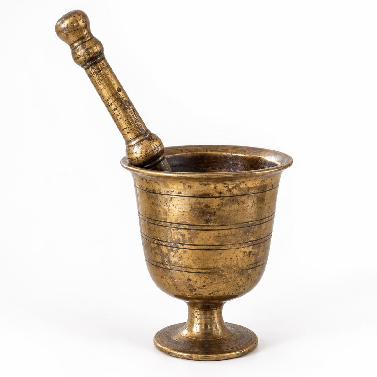 Antique footed brass mortar and pestle, 19th century