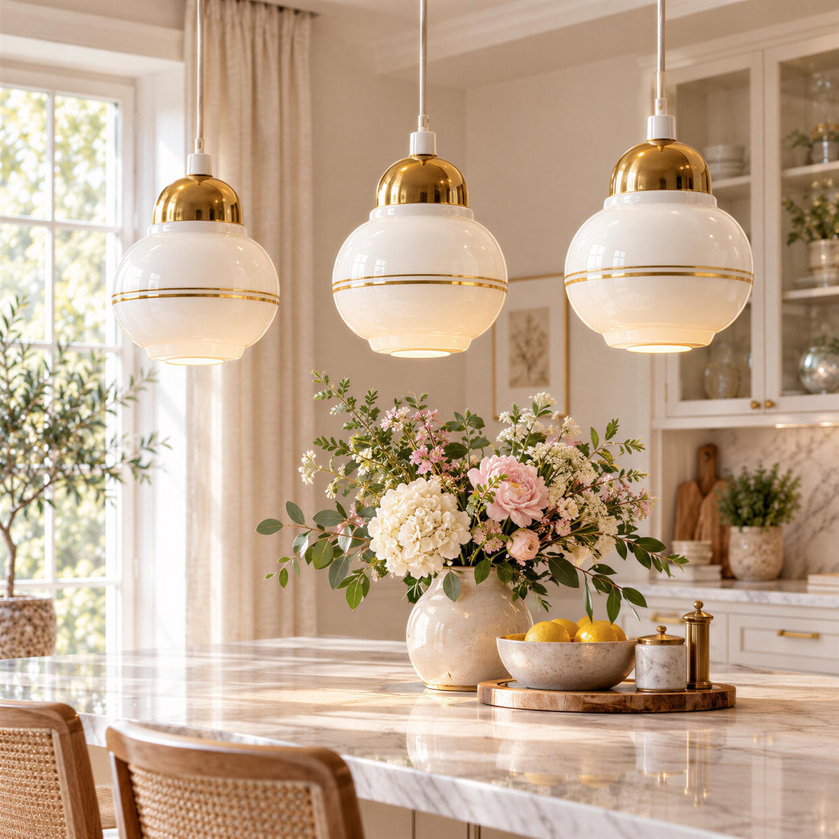 Swedish opaline pendant lights, set of 3, white milk glass with brass – photo 3