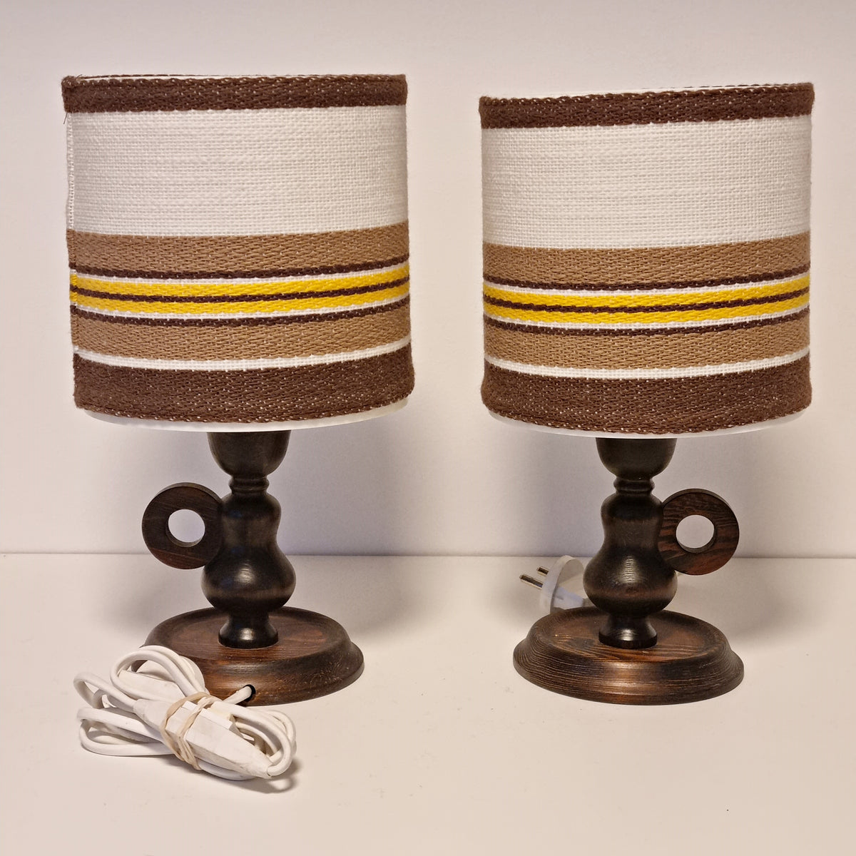 Pair of 1970s carved wood table lamps with striped fabric shades – photo 3