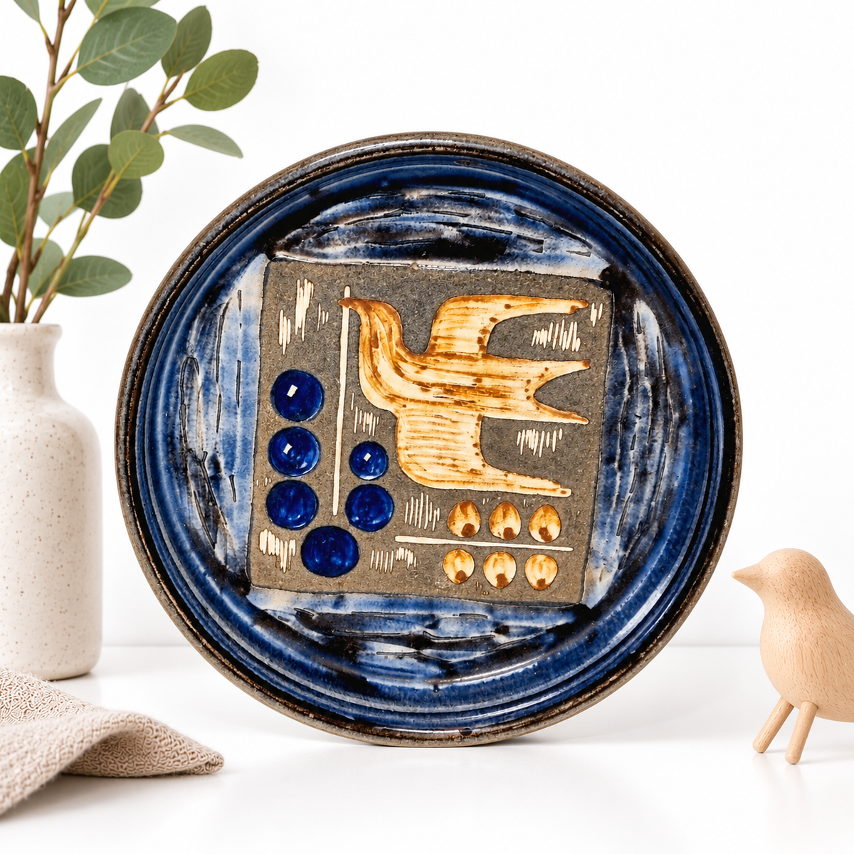 Upsala Ekeby bird wall plate, Swedish mid century chamotte ceramic, photo 1