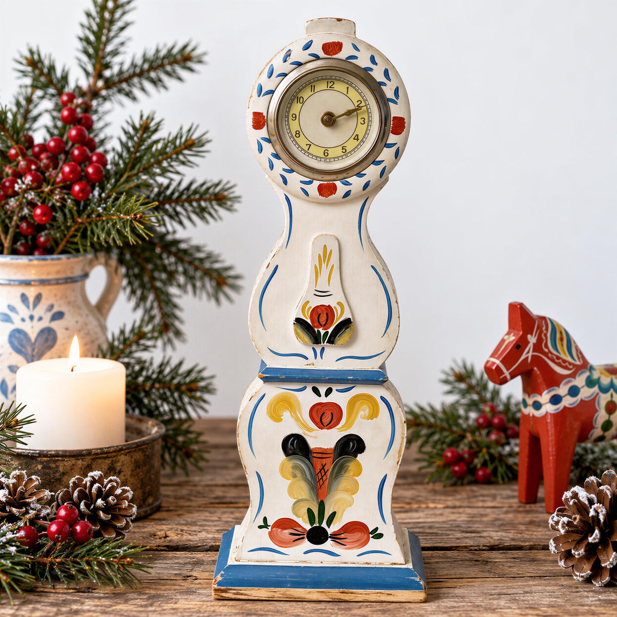 Swedish Mora-style table clock with hand-painted floral cream case – photo 2
