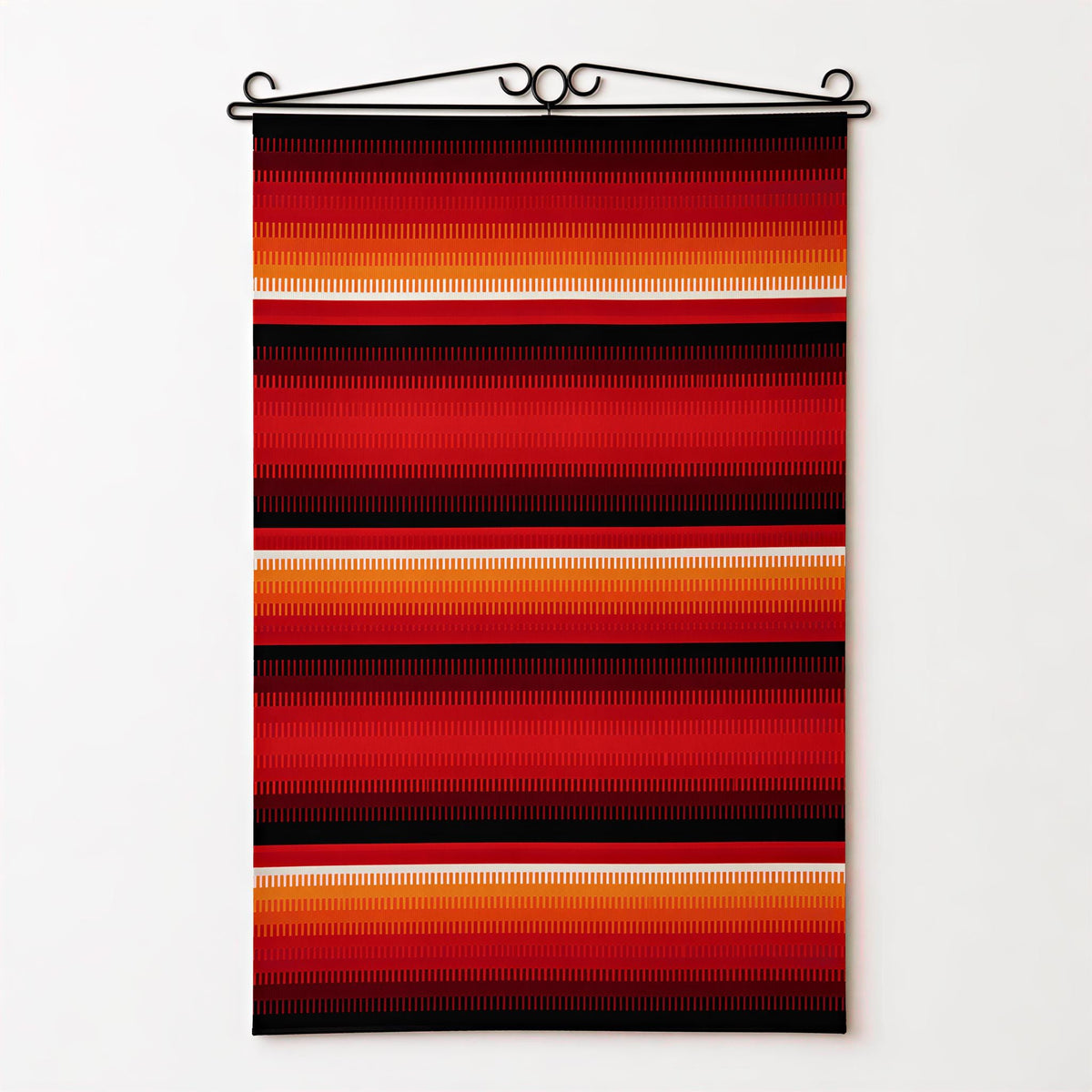 a vibrant, colorful textile hanging on a wall.