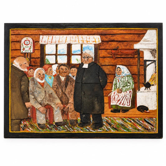 Swedish folk art painted wood relief of villagers in a rural cottage