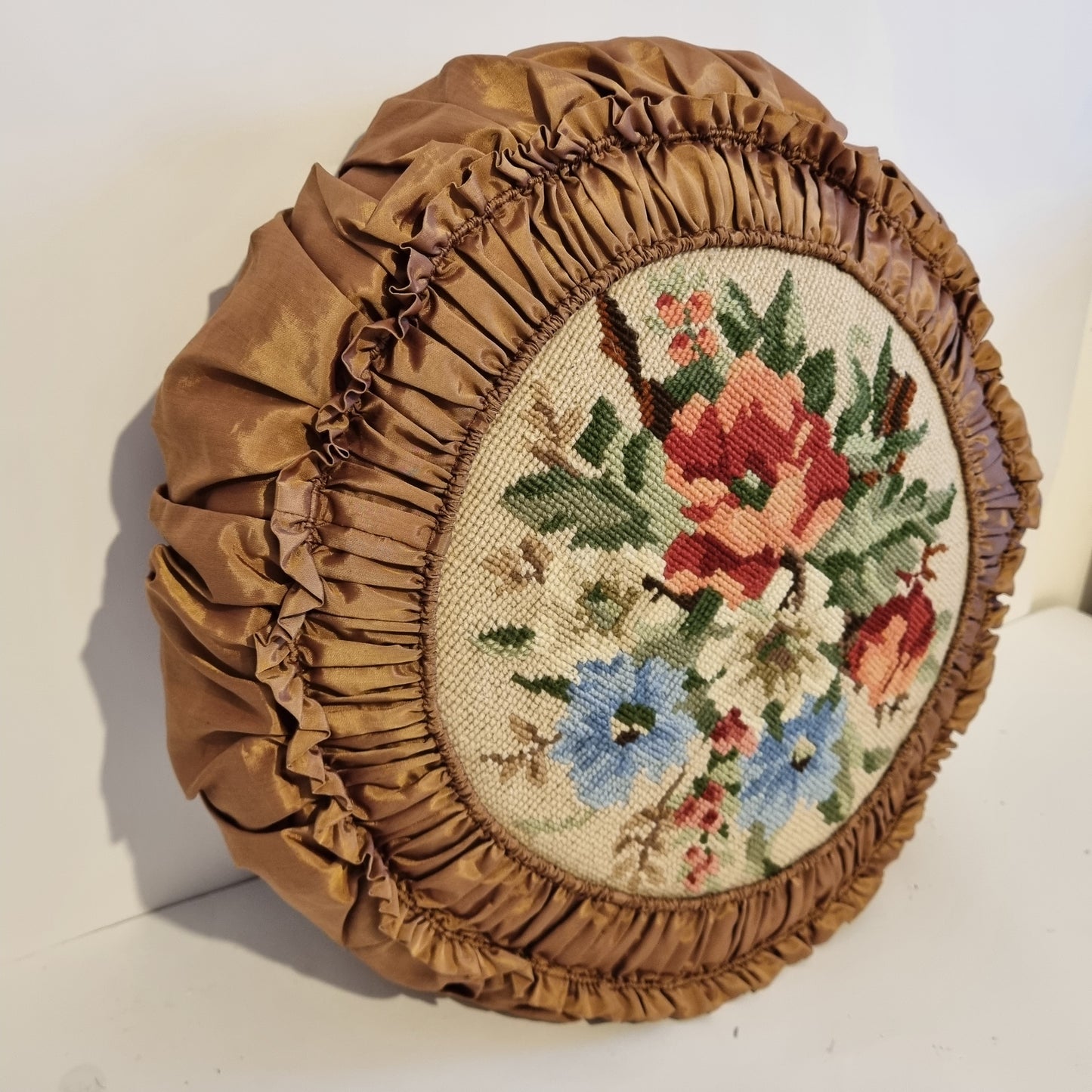 Vintage Embroidered Floral Throw Pillow: Beige Ruffled Cushion with authentic vintage charm and timeless Scandinavian mid-century style.