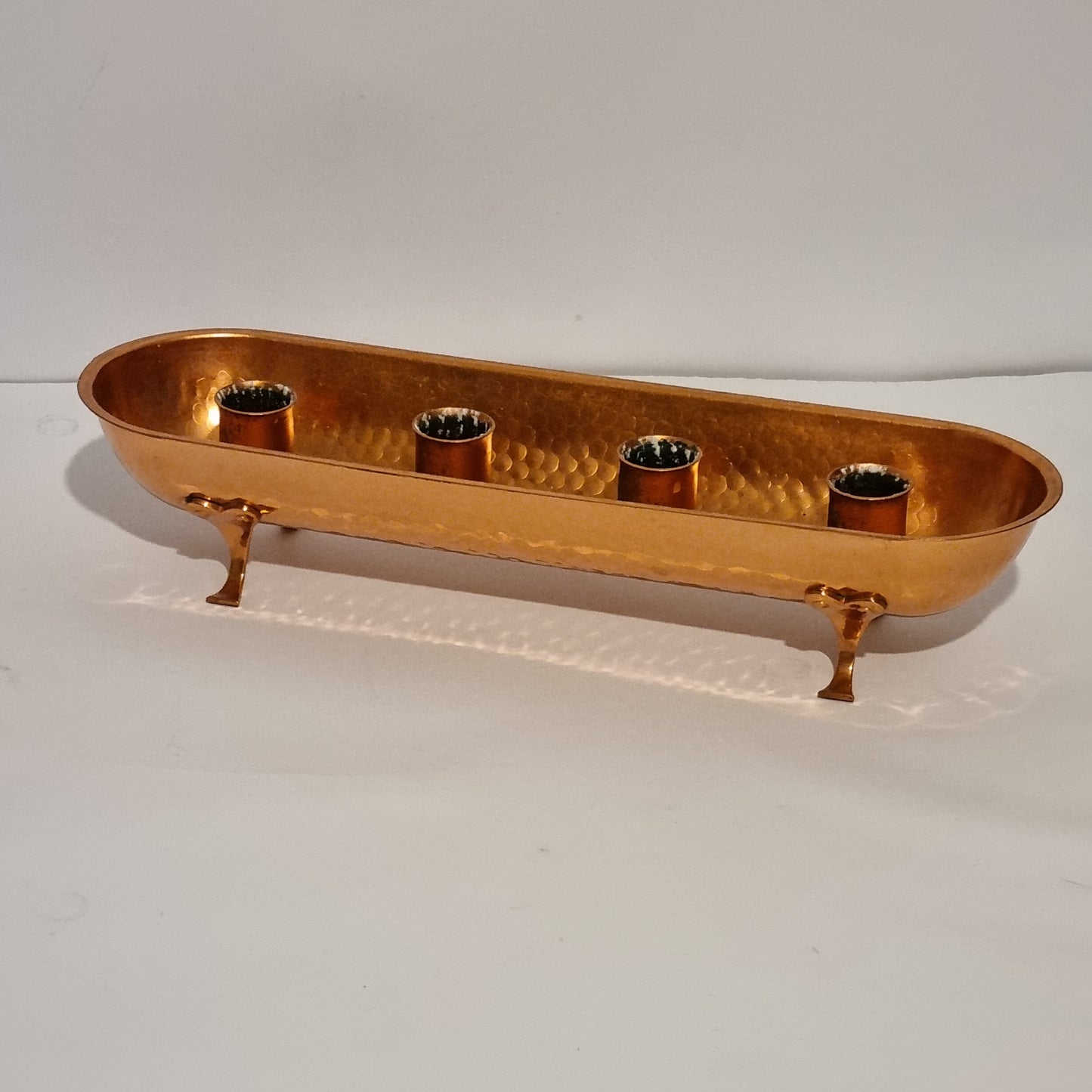 Vintage Hammered Copper Candle Holder Tray – 4 Pillar Candles, Footed with authentic vintage timeless charm and Scandinavian mid-century modern style
