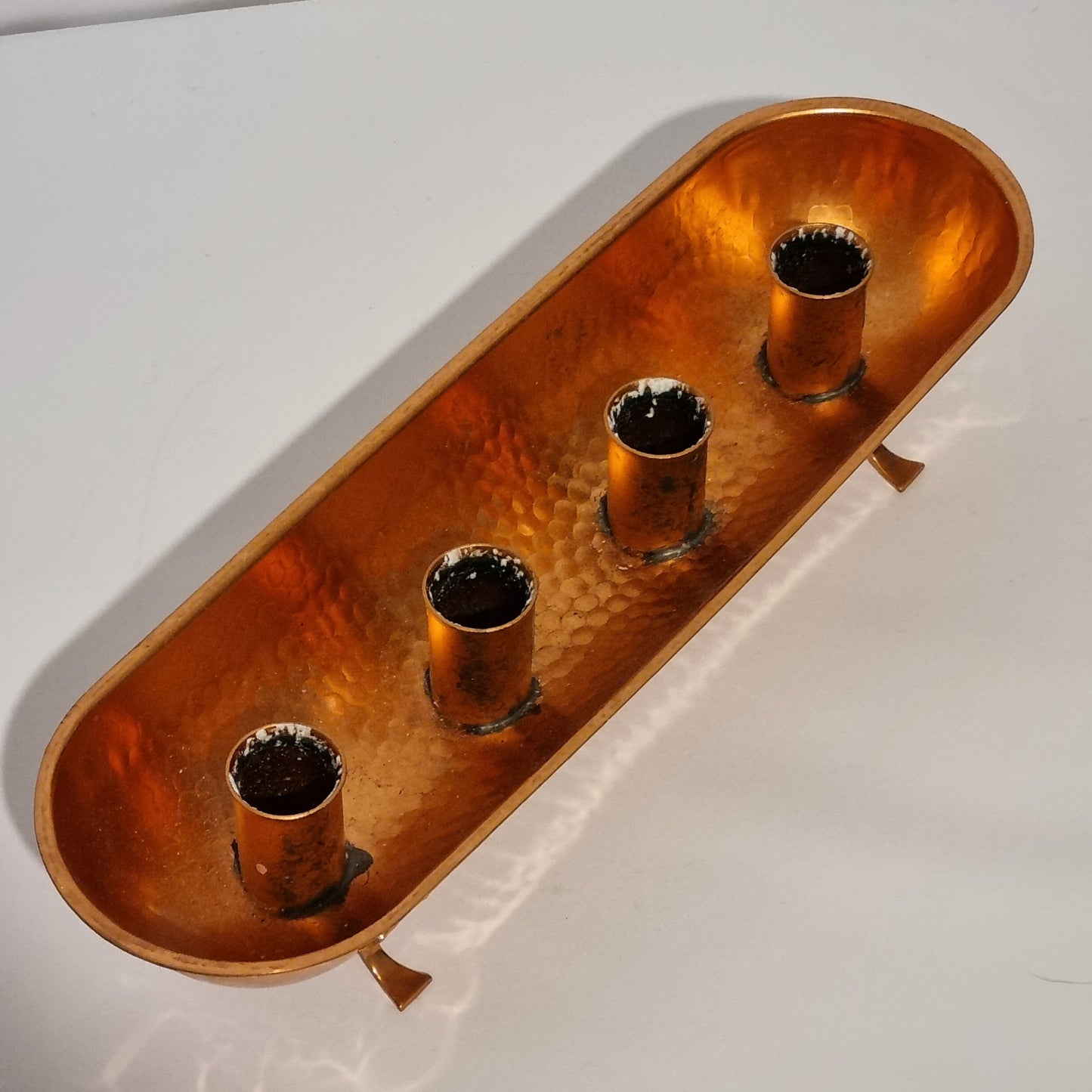 Vintage Hammered Copper Candle Holder Tray – 4 Pillar Candles, Footed, authentic vintage mid-century charm, timeless Scandinavian style.