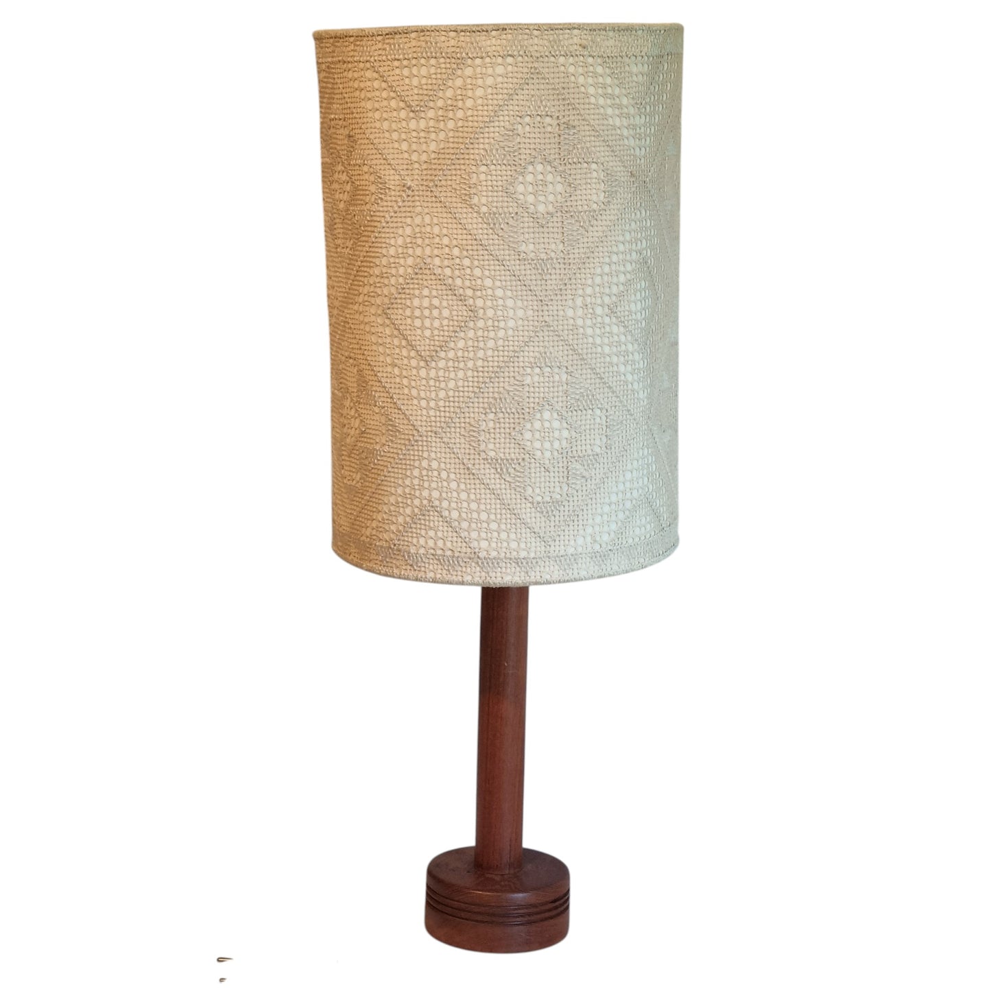 Teak Table Lamp Woven Lace Shade Scandinavian Mid Century 1960s