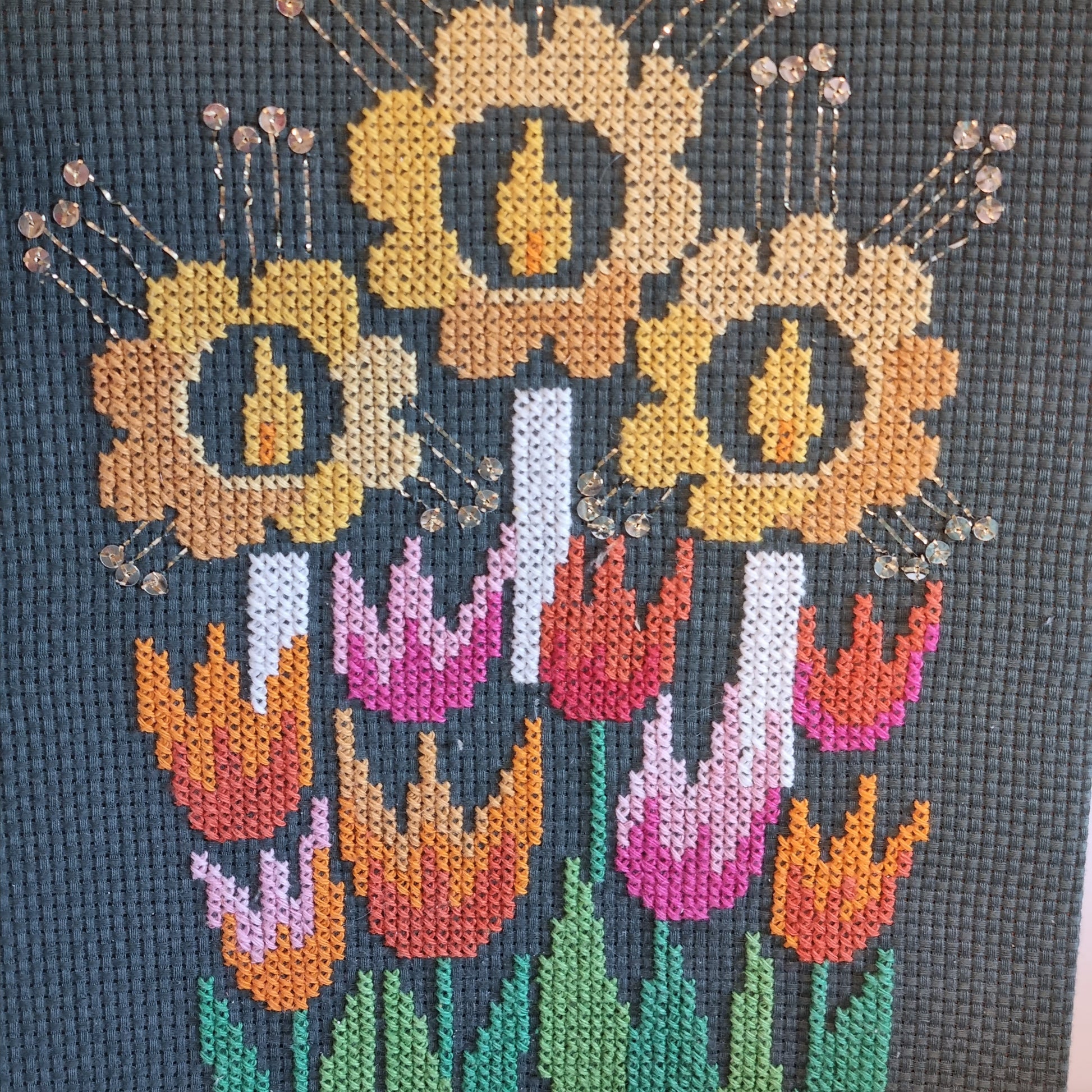 Vintage Swedish cross-stitch sunflowers and tulips wall art in slim teak frame, 42x25 cm, Sweden