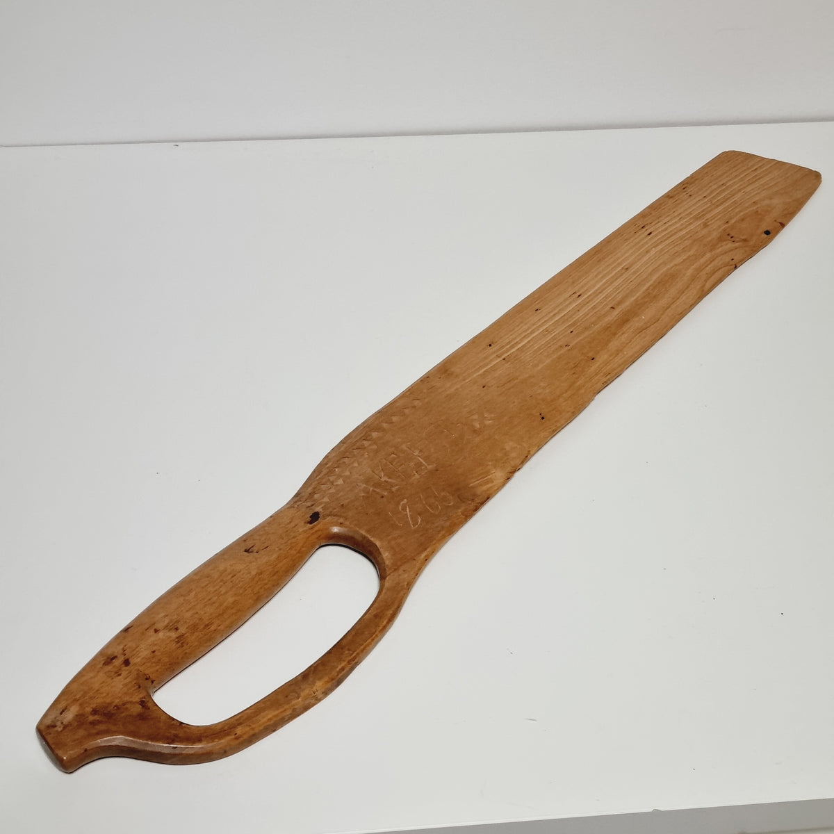 Antique Swedish flax scutching knife skäkta dated 1866, hand carved wood