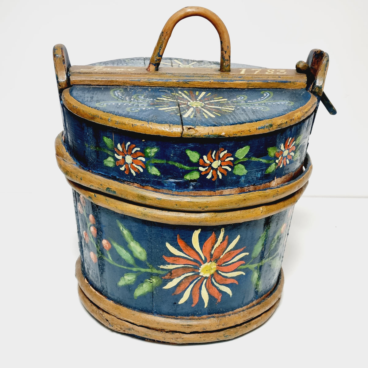Antique Swedish painted wooden container dated 1783, blue folk art stäva with lid