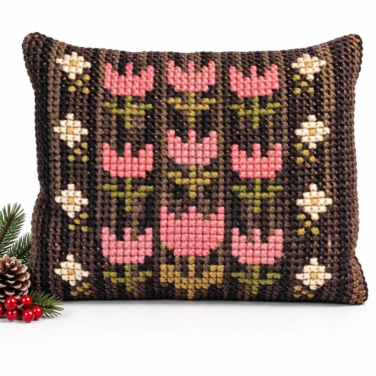 Swedish wool embroidered cushion with nine pink tulips on dark brown