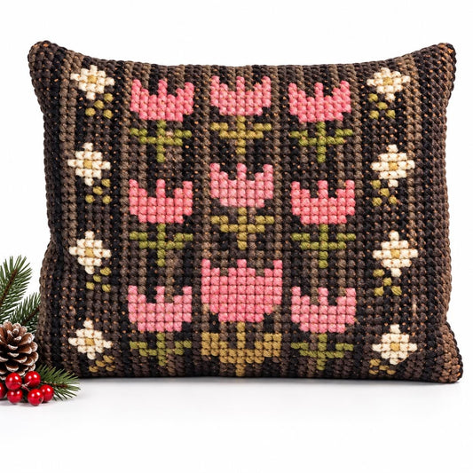 Swedish wool embroidered cushion with nine pink tulips on dark brown