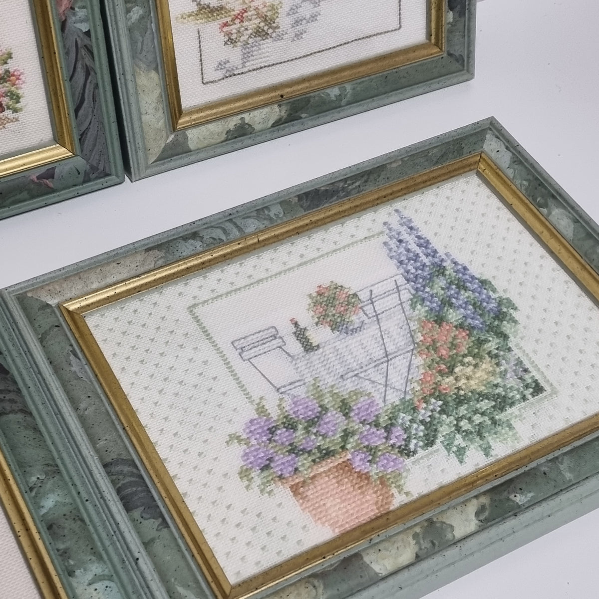Framed cross stitch garden scene, hand stitched needlework, photo 6