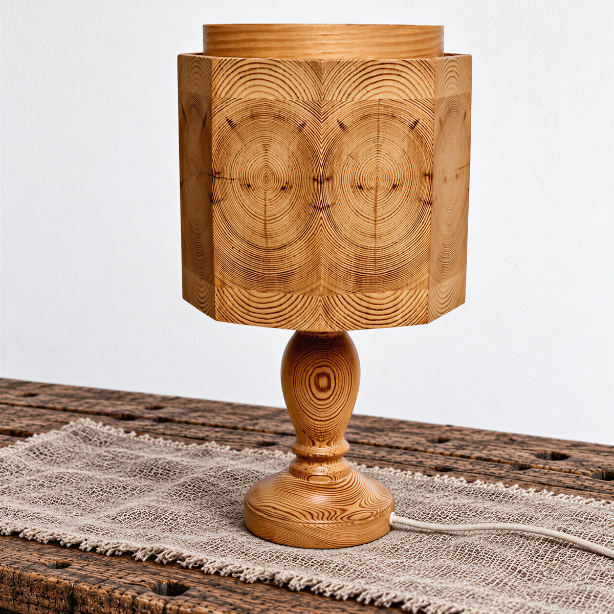Swedish 1970s pine lamp with end grain shade, angled view