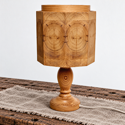 Swedish 1970s pine lamp with end grain shade, angled view