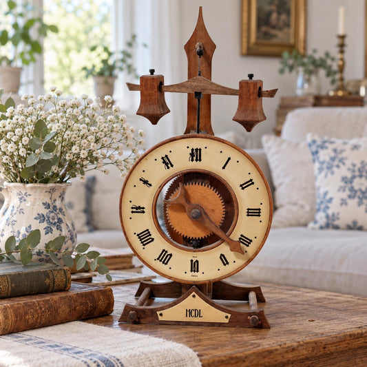BUCO Swiss wooden gear table clock by Otto Baumann with exposed gears and foliot